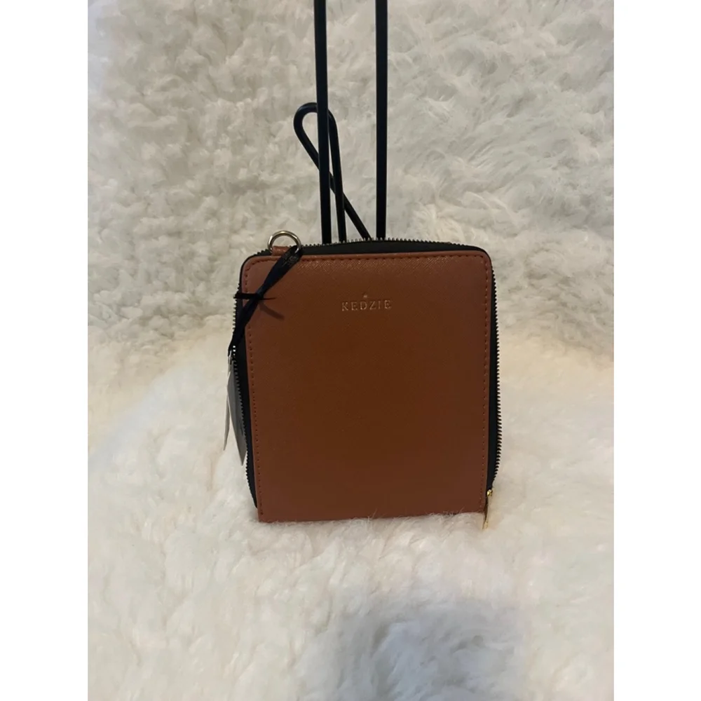 NWT Kedzie Brown Saffiano vegan leather and phone-friendly Crossbody bag Small